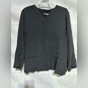 EILEEN FISHER 100% Silk Crinkle Jacket Size XL Black Knot Buttons Minimalist EUC